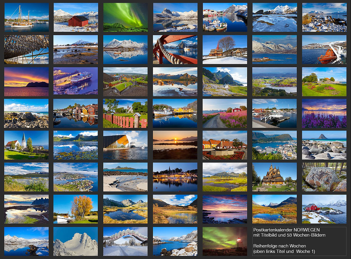 Kalender concept - NORGE - Postkalender med 52 bilder - bilde index